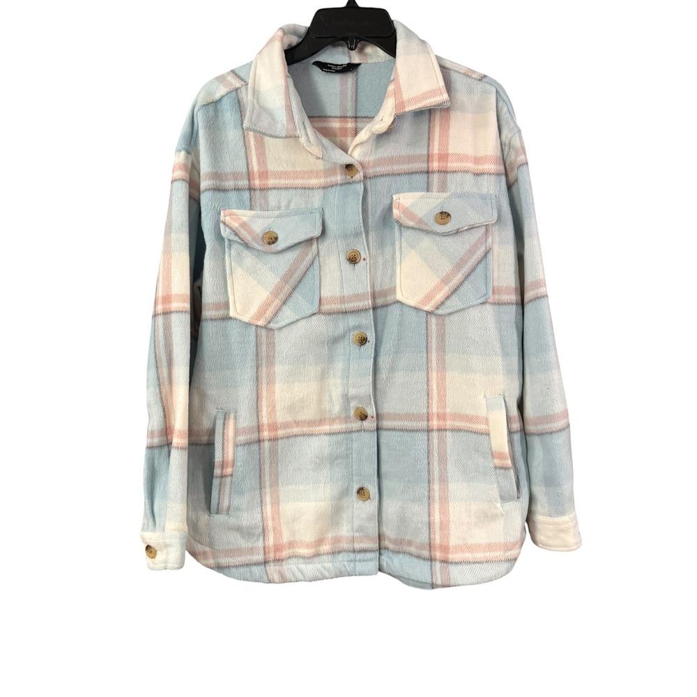 Members Mark Womens Blue Pink Plaid Fleece Shacket Button Front Jacket Large